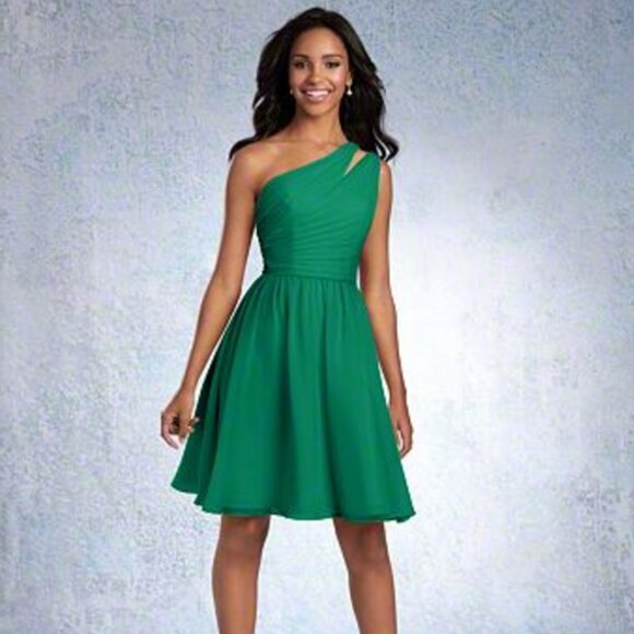 Knee-Length Chiffon Bridesmaids Dress, Shamrock Kelly Green 1 Shoulder Ruched - Picture 1 of 4